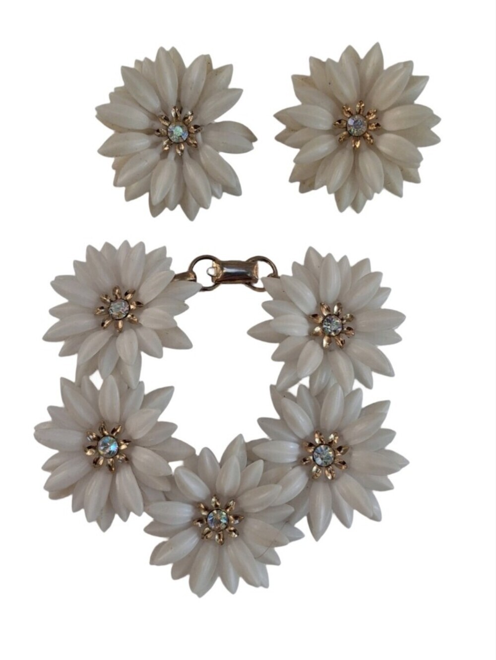 Vtg Signed Coro White Thermoset Flower Bracelet & Earrings Set AB Rhinestone MCM